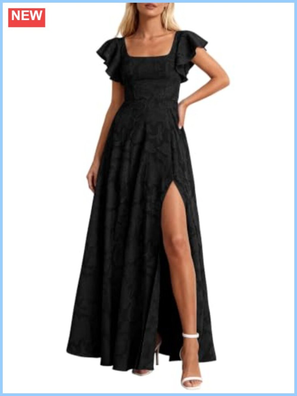 Jacquard Maxi Dress Square Neck Ruffle Sleeve High Slit Wedding Guest